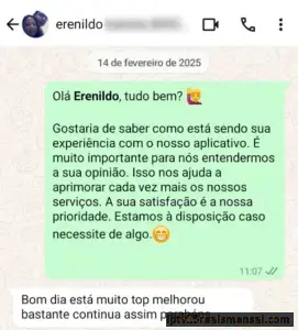 Conversa no WhatsApp com Erenildo: Está muito top, melhorou bastante, continua assim, parabéns.