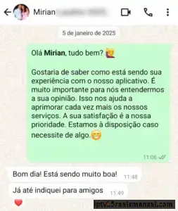 Conversa no WhatsApp com Mirian: Está sendo muito boa e já indiquei para amigos.