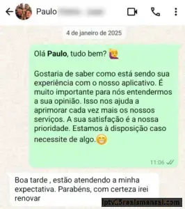 Conversa no WhatsApp com Paulo: Está atendendo a minha expectativa, parabéns, com certeza irei renovar.