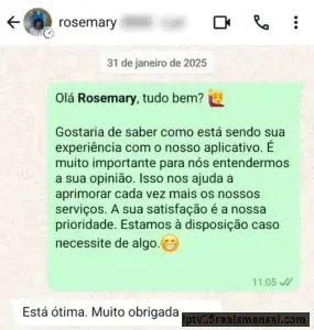 Conversa no WhatsApp com Rosemary: Está ótima. Muito obrigada.