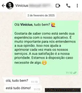 Conversa no WhatsApp com Vinícius: Está tudo ótimo.